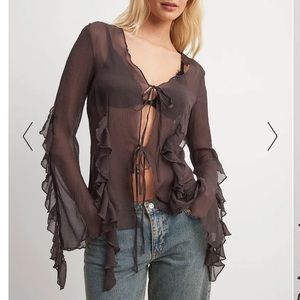 Balletcore sheer long sleeve top black ribbon tassels ruched y2k missguided